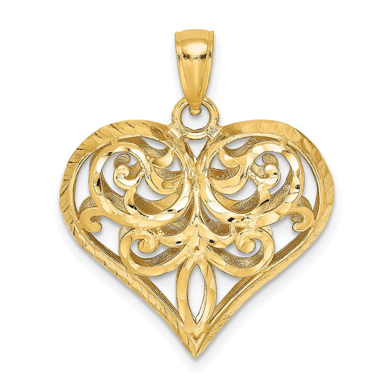 14K Polished 3-D Diamond-cut Filigree Puffed Heart Charm