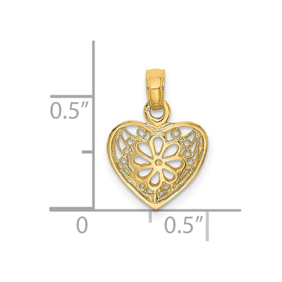 14K 2-D Filigree Heart with Flower Design Charm