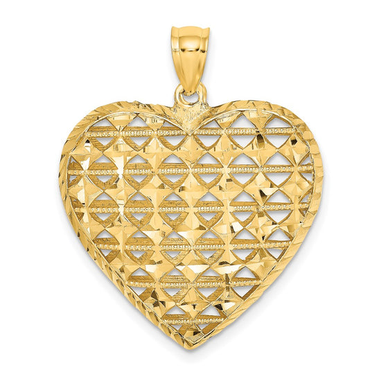 14K 3-D Filigree Diamond-cut Puffed Heart Pendant
