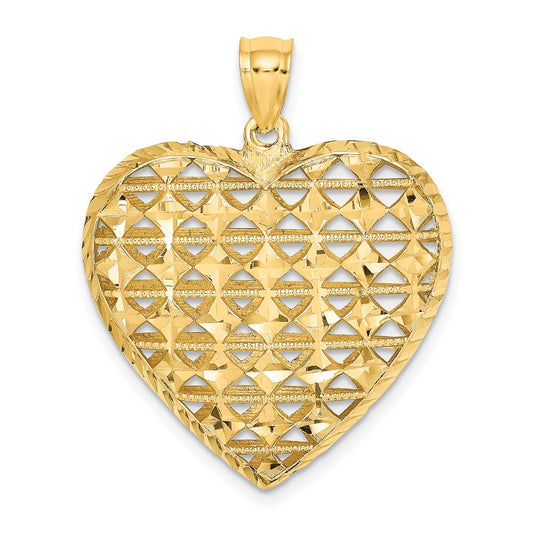 14K 3-D Filigree Diamond-cut Puffed Heart Pendant
