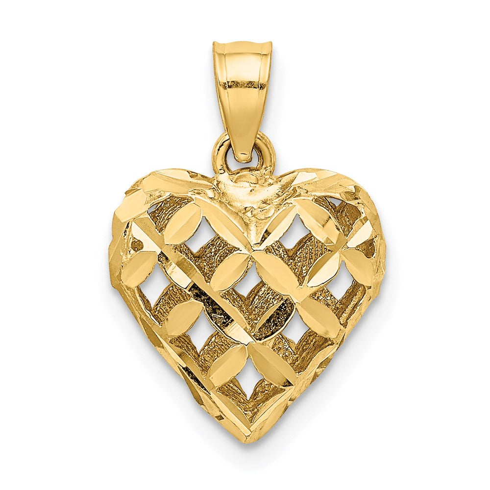 14K 3-D Diamond-cut Lattice Filigree Puffed Heart Charm