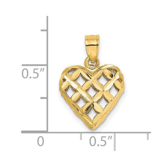 14K 3-D Diamond-cut Lattice Filigree Puffed Heart Charm