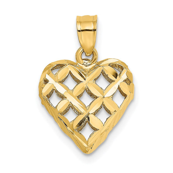 14K 3-D Diamond-cut Lattice Filigree Puffed Heart Charm