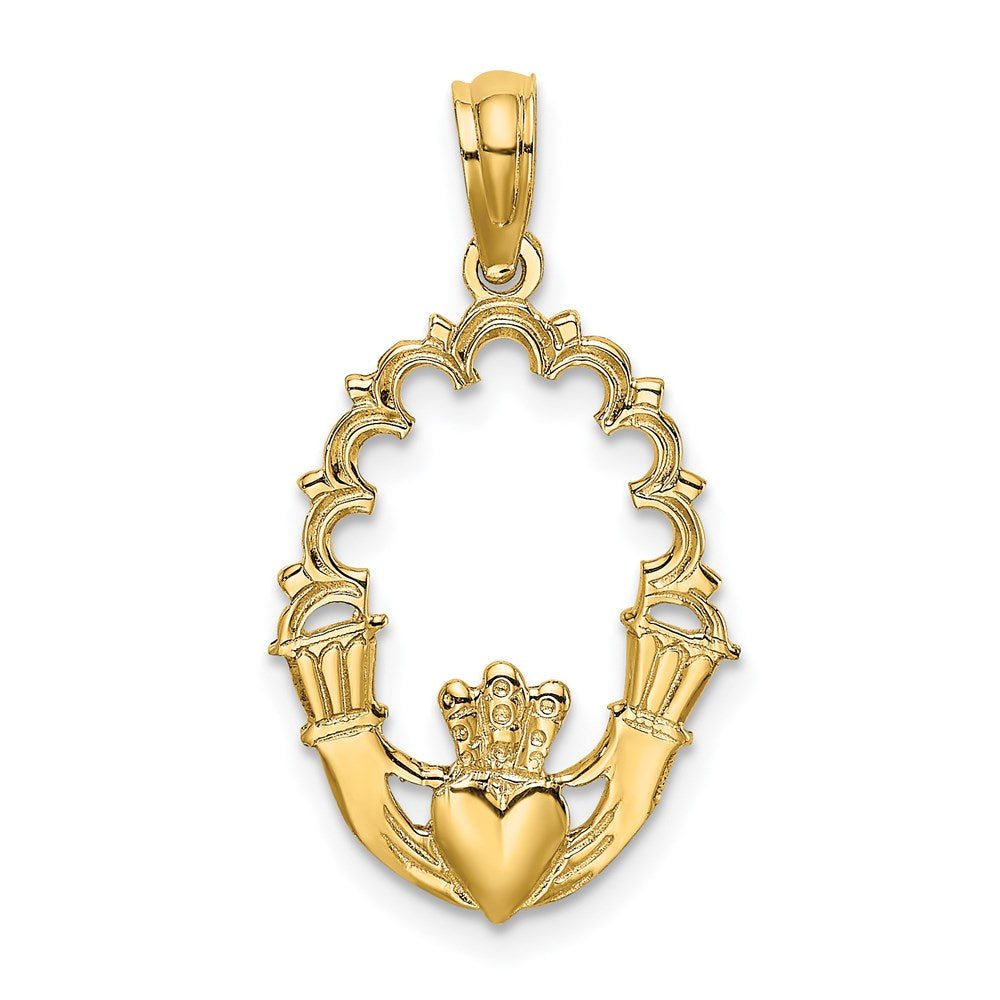 14K Engraved Claddagh In Oval with Lace Trim Charm