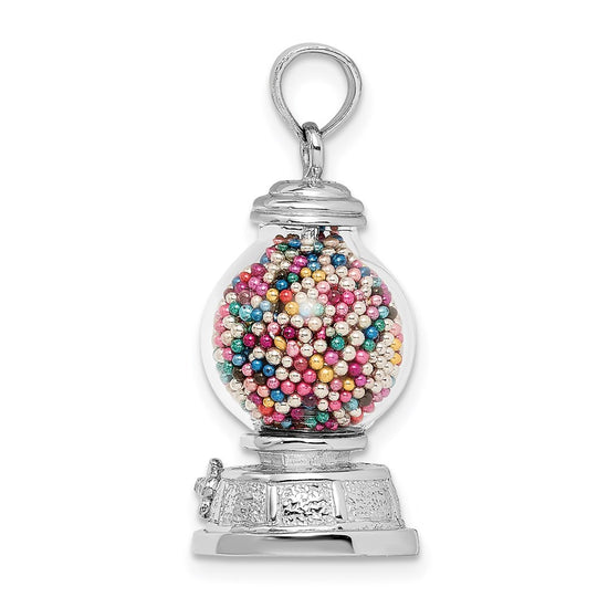 14K White Gold 3-D Glass Gumball Machine with Moveable Multi-colored Beads Pendant