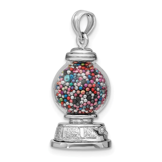 14K White Gold 3-D Glass Gumball Machine with Moveable Multi-colored Beads Pendant