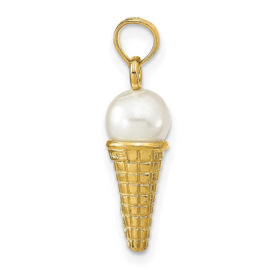 14K Satin Polished 3-D White Bead Ice Cream Cone Pendant
