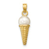 14K Satin Polished 3-D White Bead Ice Cream Cone Pendant