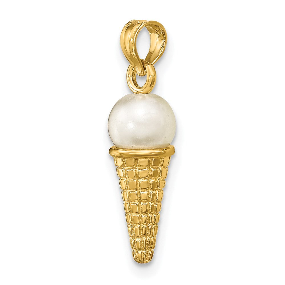 14K Satin Polished 3-D White Bead Ice Cream Cone Pendant