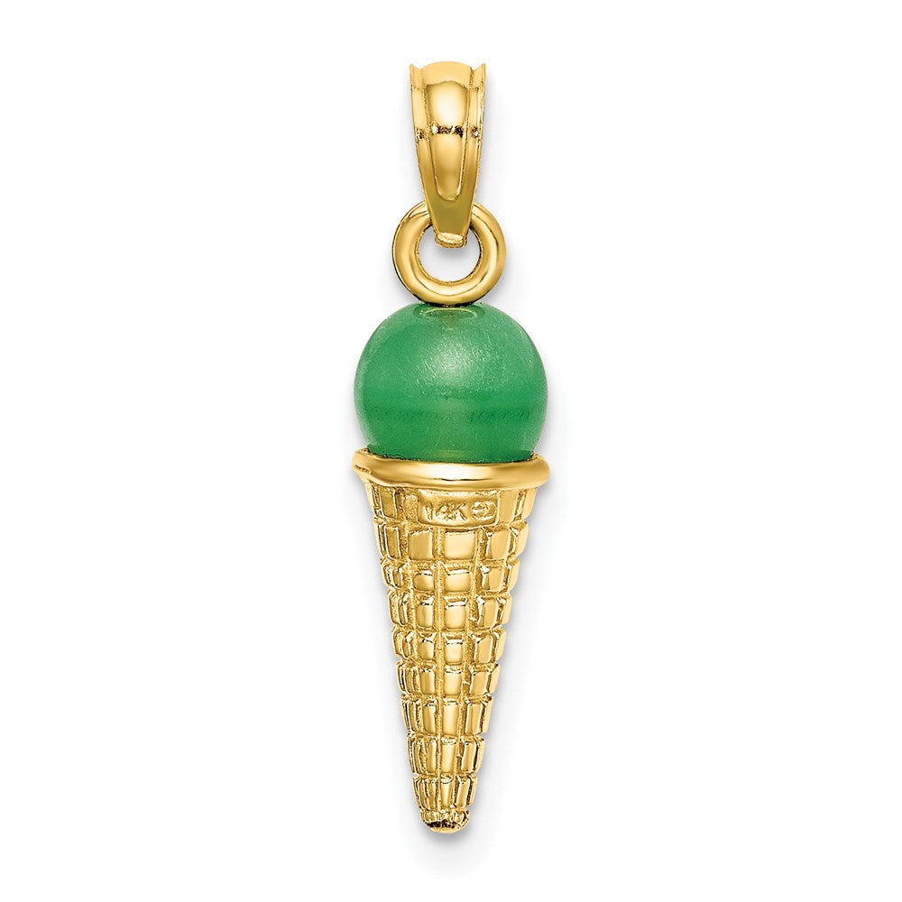 14K Satin Polished 3-D Green Bead Ice Cream Cone Pendant