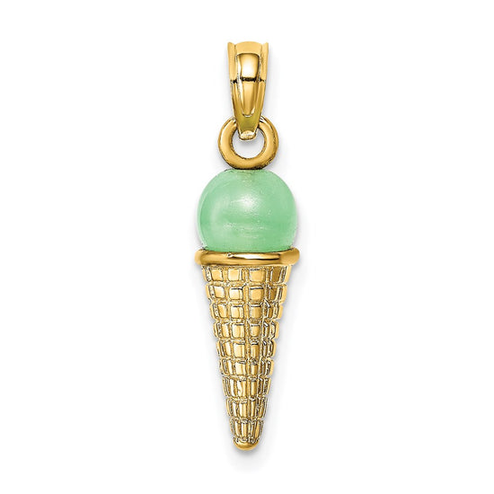 14K Satin Polished 3-D Green Bead Ice Cream Cone Pendant