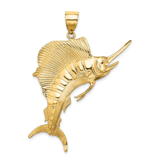 14K Large 3-D Polished and Textured Jumping Sailfish Charm