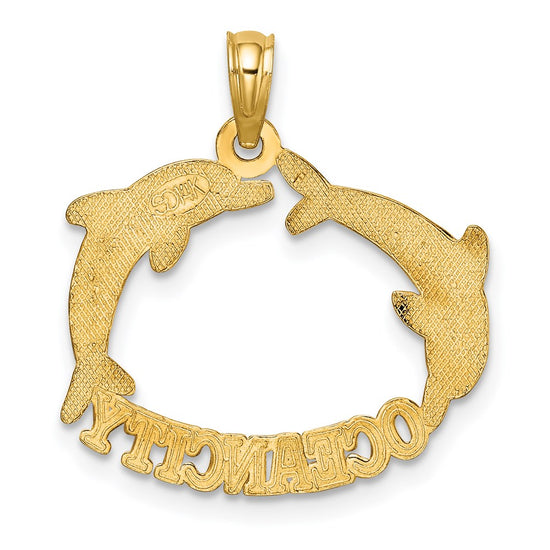 14k Polished OCEAN CITY with Jumping Dolphins Charm