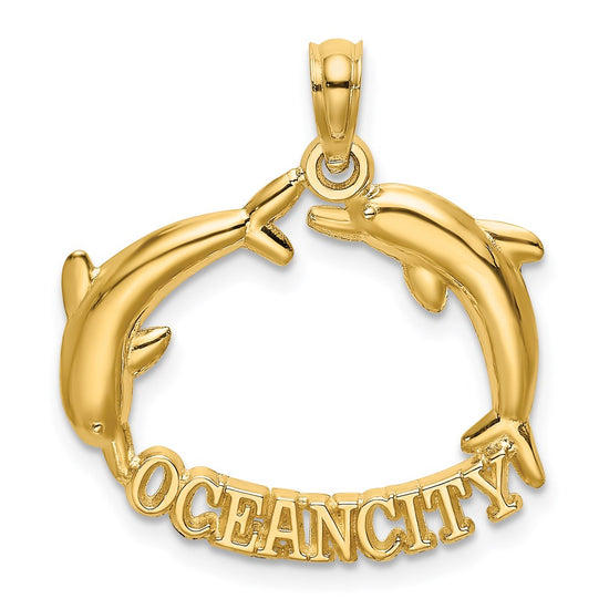14k Polished OCEAN CITY with Jumping Dolphins Charm