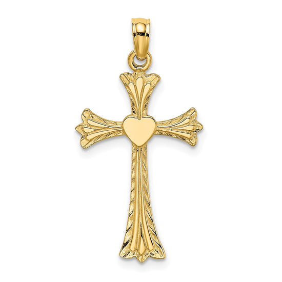 14K Polished and Engraved Cross with Heart Charm