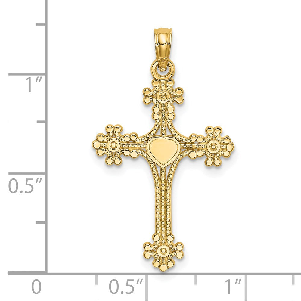 14K Beaded Tip Cross with Heart Center Charm