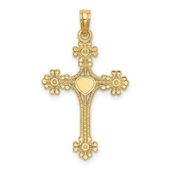 14K Beaded Tip Cross with Heart Center Charm