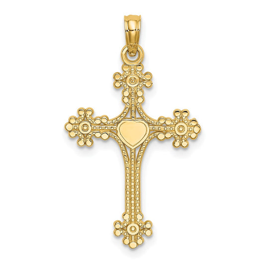 14K Beaded Tip Cross with Heart Center Charm