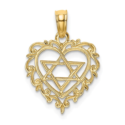 14K Textured Star Of David In Scalloped Heart Charm