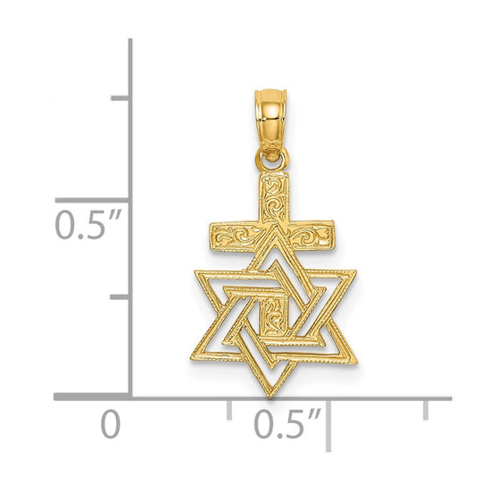 14K Polished and Textured Star Of David and Cross Charm