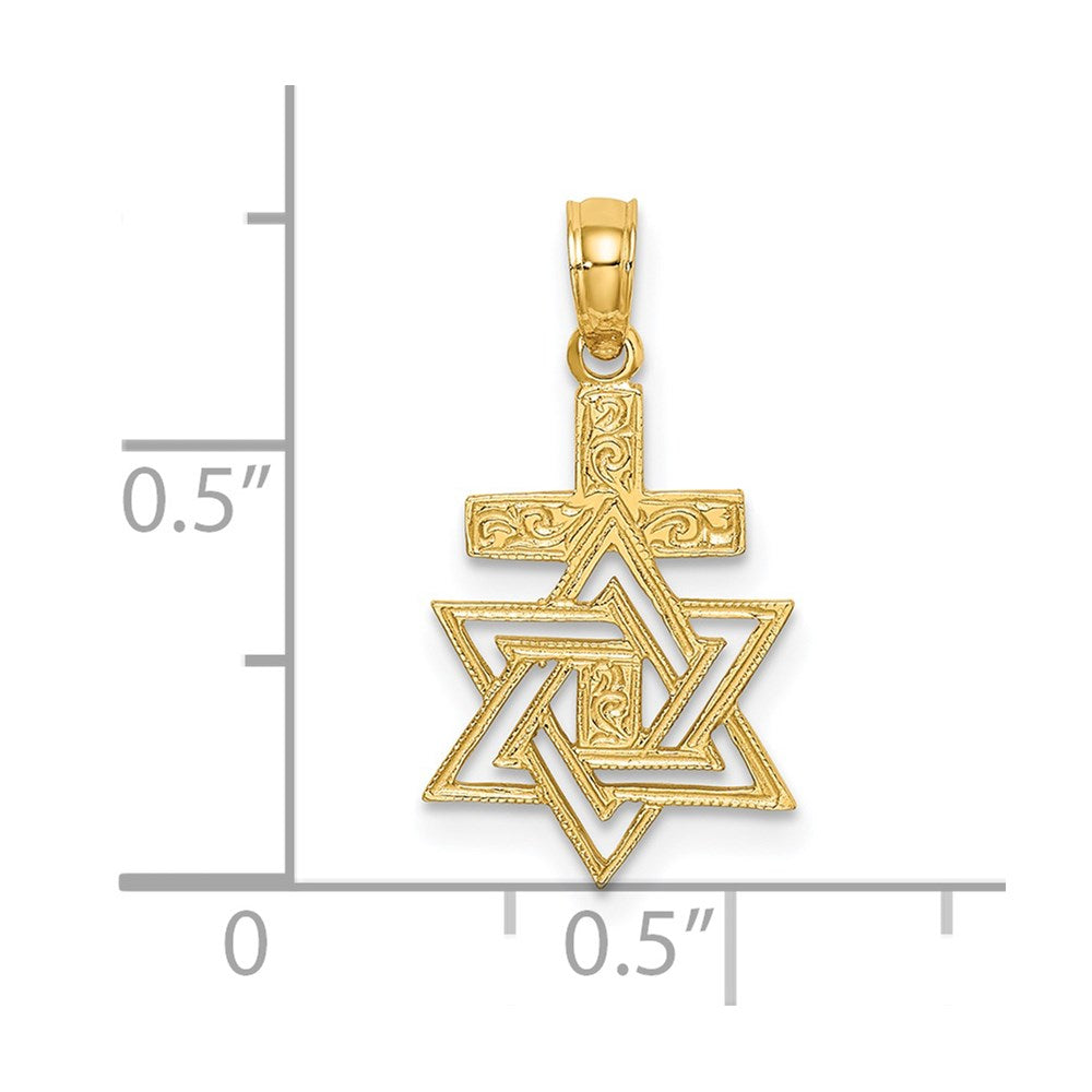 14K Polished and Textured Star Of David and Cross Charm