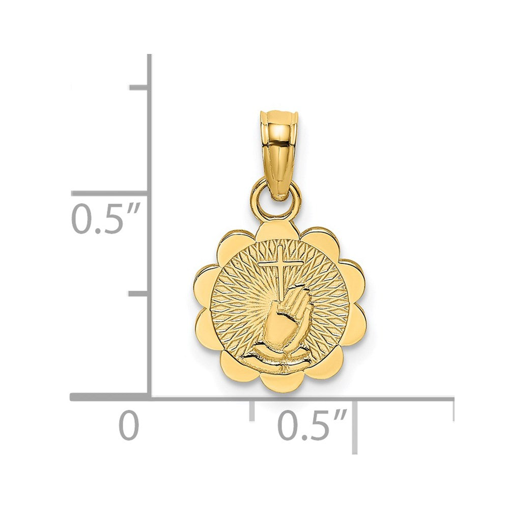 14K Praying Hands and Cross On Scalloped Round Disc Charm