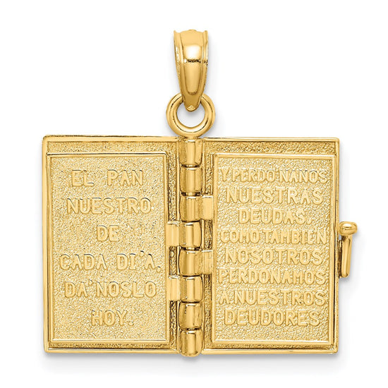14K 3-D Moveable Santa Biblia Book Spanish Bible with Lords Prayer Charm