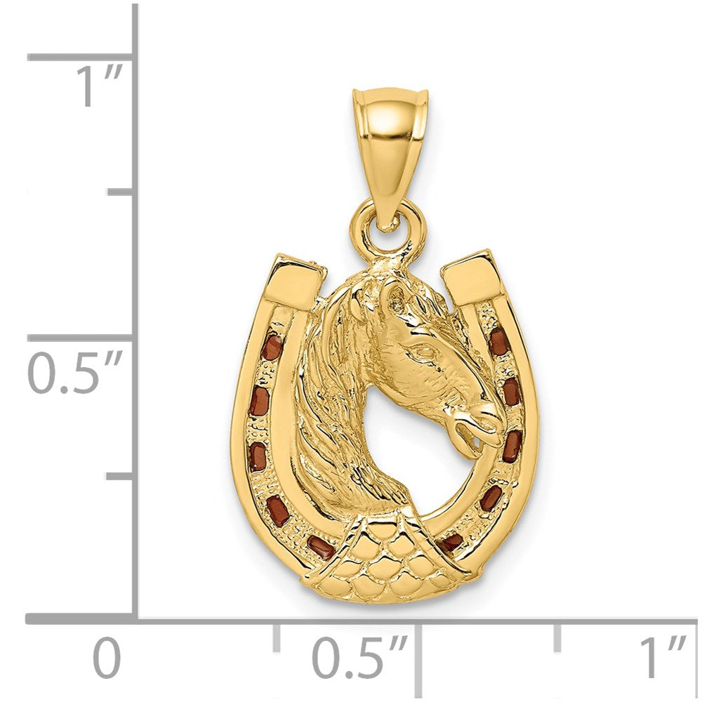 14K Brown Enameled Horse Head In Horseshoe Charm