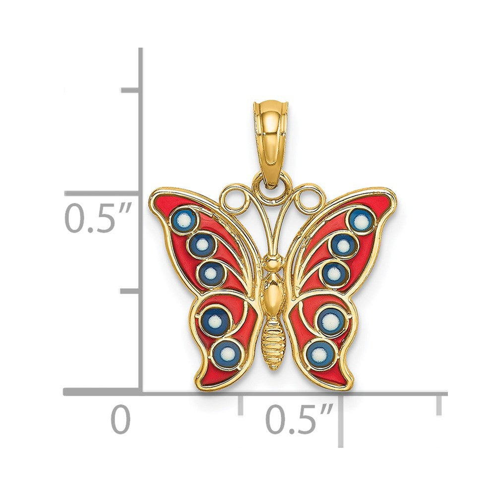 14K Red and Blue Enameled Filigree Butterfly Charm