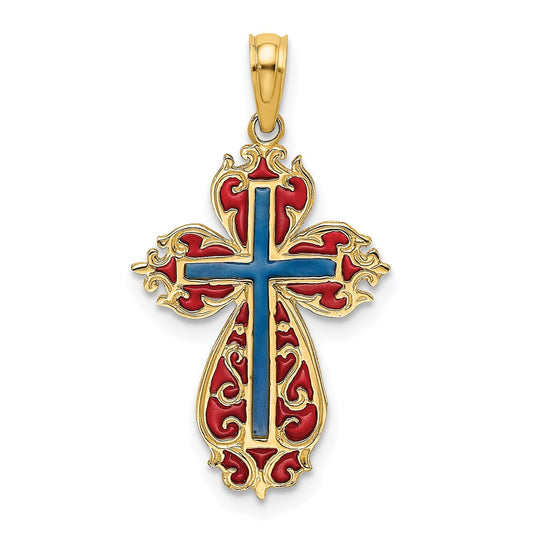 14K Blue and Red Enameled Cross Charm