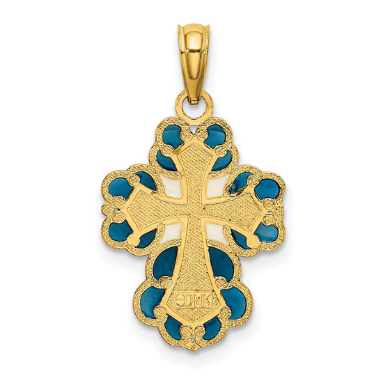 14K Blue/White/Red Enameled with Lacey Trim Cross Charm
