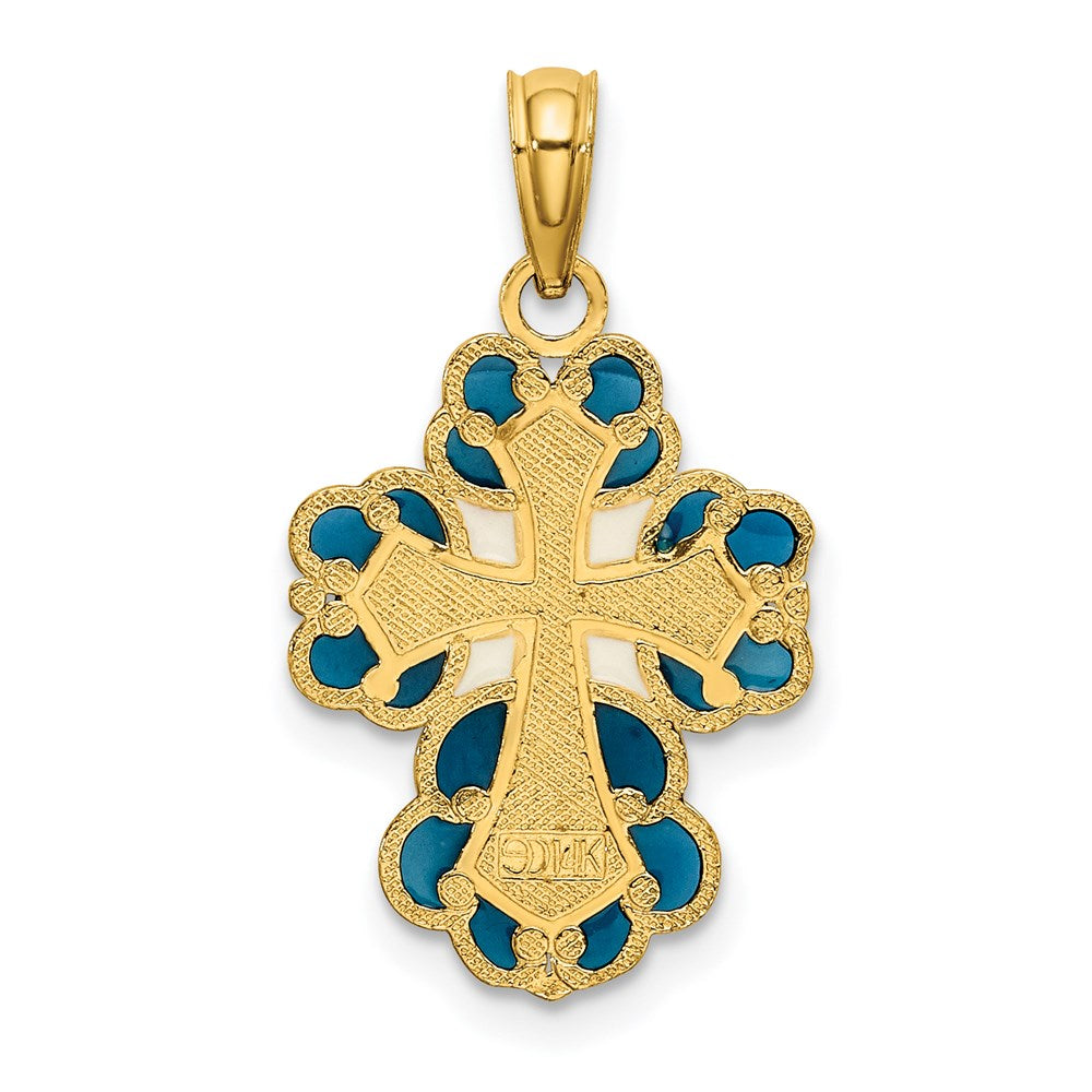 14K Blue/White/Red Enameled with Lacey Trim Cross Charm