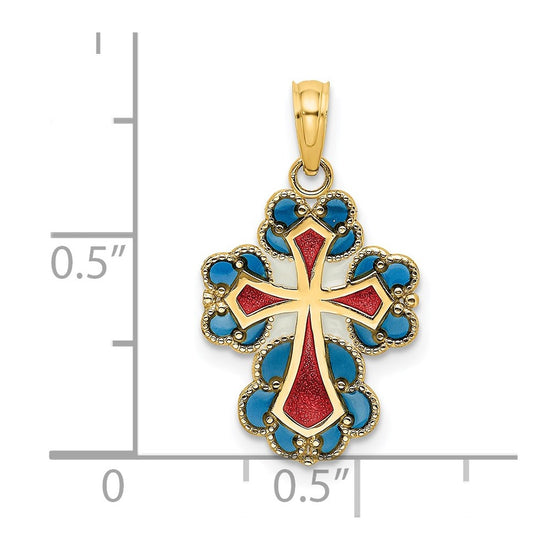 14K Blue/White/Red Enameled with Lacey Trim Cross Charm