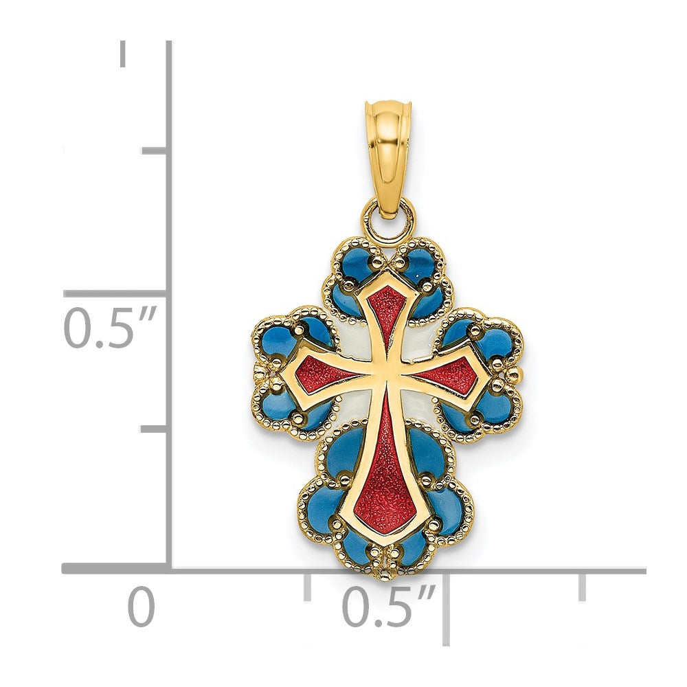 14K Blue/White/Red Enameled with Lacey Trim Cross Charm