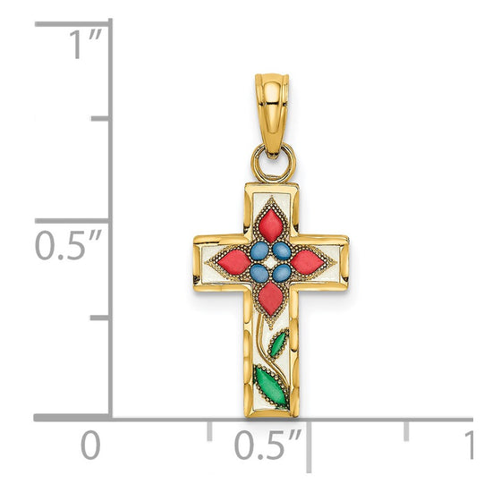 14K Multi-color Enameled with Flower Cross Charm