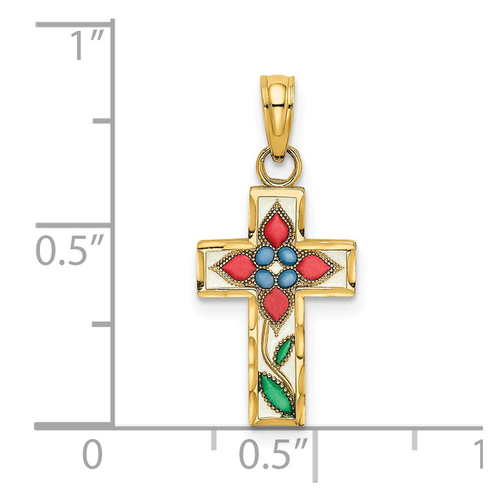 14K Multi-color Enameled with Flower Cross Charm