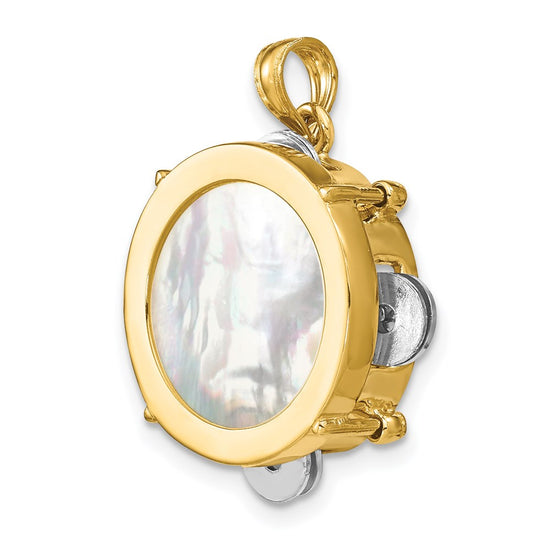 14K Two-tone 3-D Tambourine with Moveable Jingles Mother of Pearl Charm