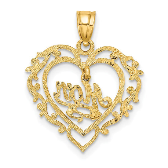 14K Polished MOM Dangle in Fancy Heart Pendant