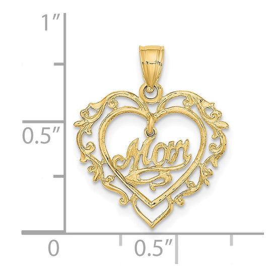 14K Polished MOM Dangle in Fancy Heart Pendant