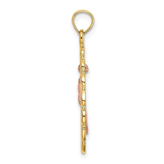 14k Two-Tone Textured Oval Frame with Dangling Rose Charm