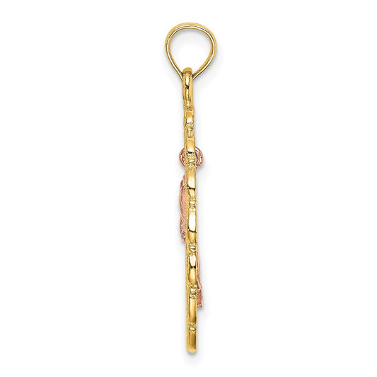 14k Two-Tone Textured Oval Frame with Dangling Rose Charm