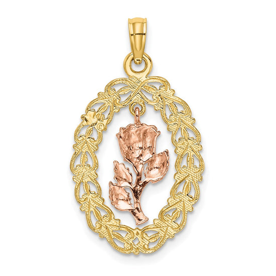 14k Two-Tone Textured Oval Frame with Dangling Rose Charm
