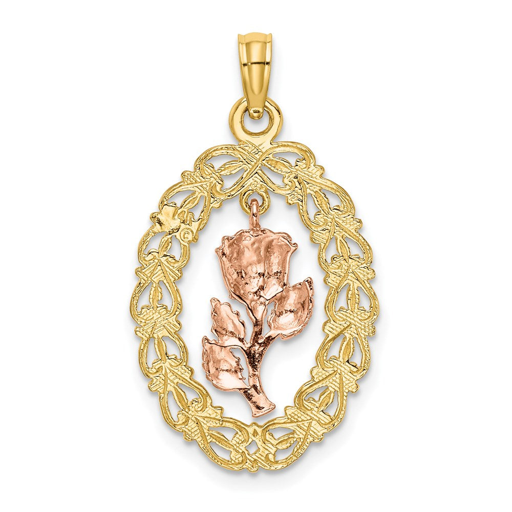 14k Two-Tone Textured Oval Frame with Dangling Rose Charm