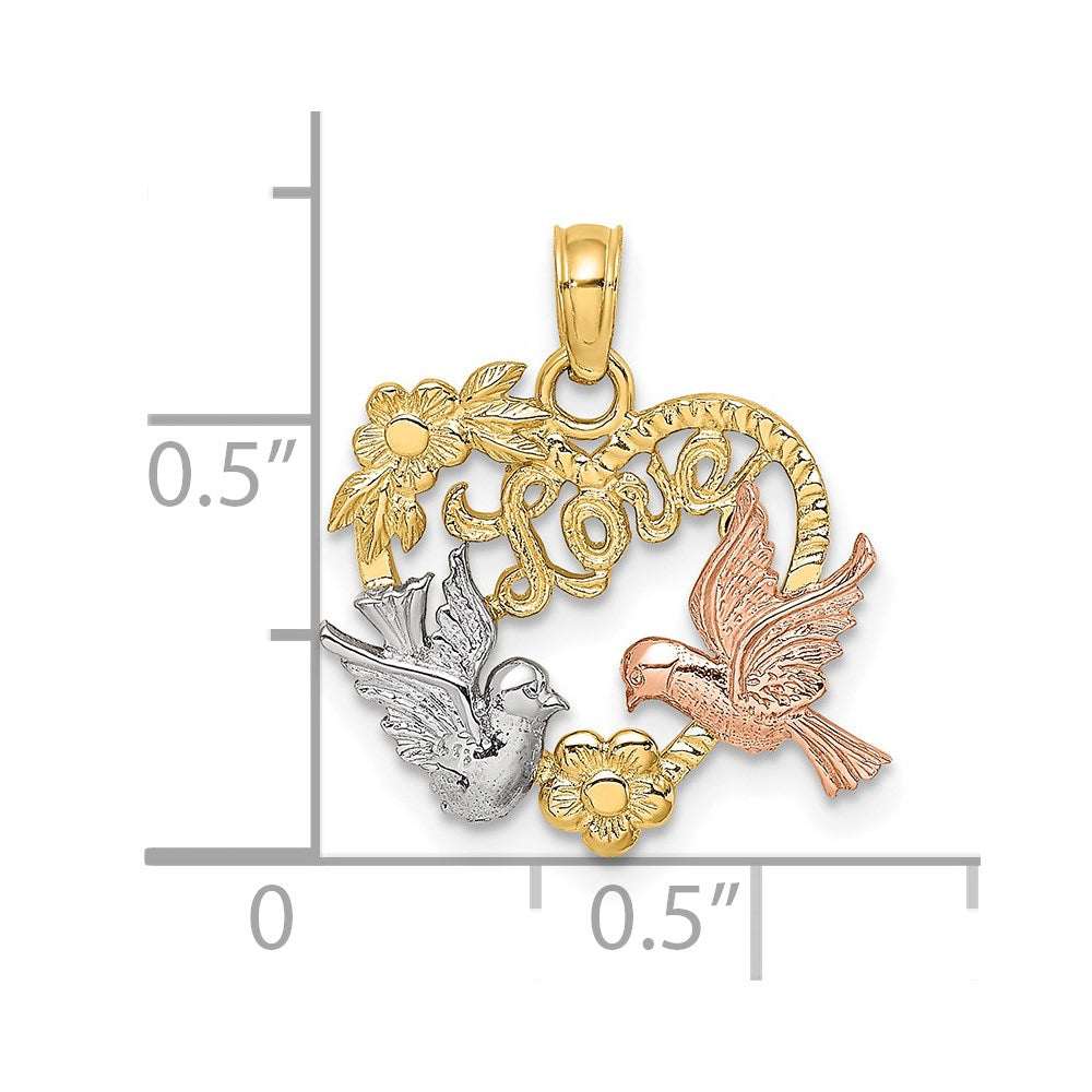 14k Yellow and Rose Gold with White Rhodium LOVE with Doves Heart Charm