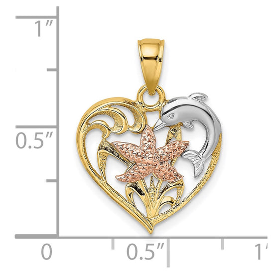 14K Two-tone with White Rhodium Dolphin and Starfish In Heart Charm