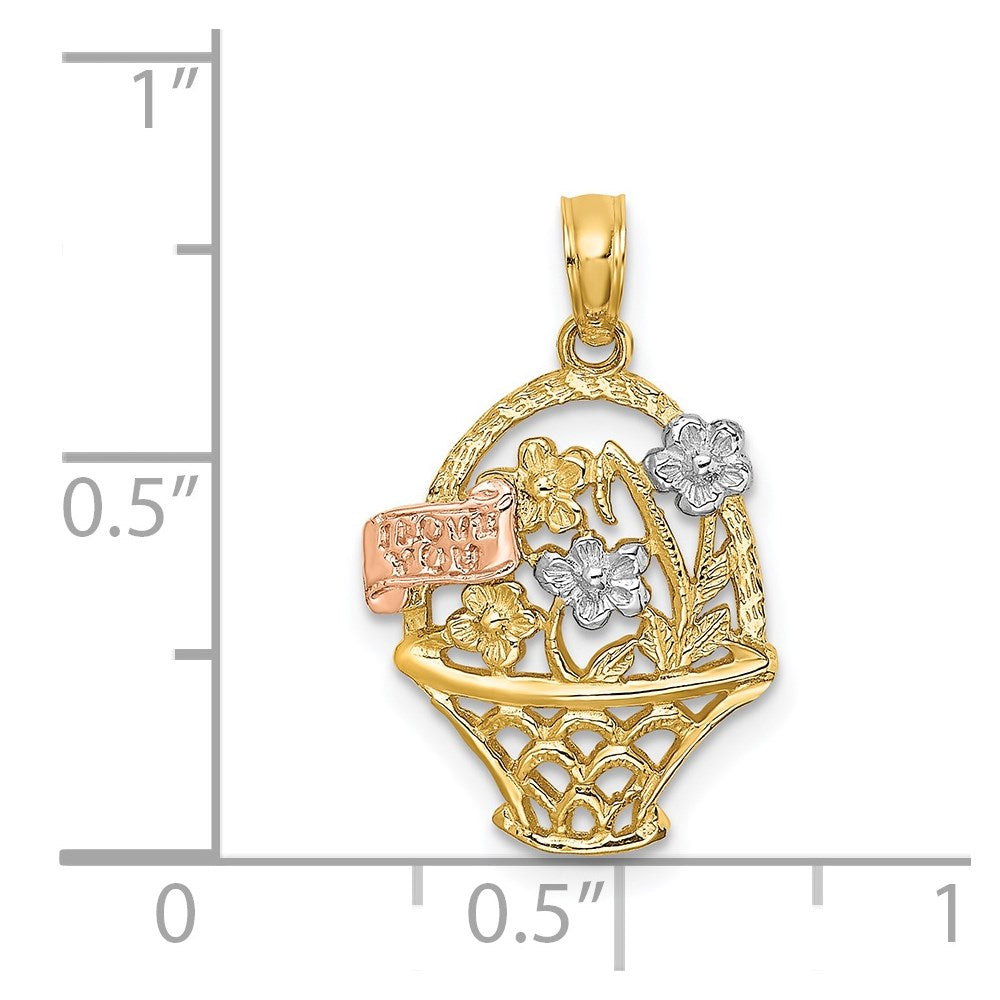 14k Two-Tone with White Rhodium Flower Basket with I LOVE YOU Charm