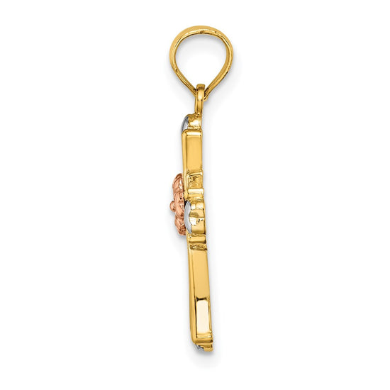 14K Two-tone and White Rhodium Cross with Flower and Hearts Charm