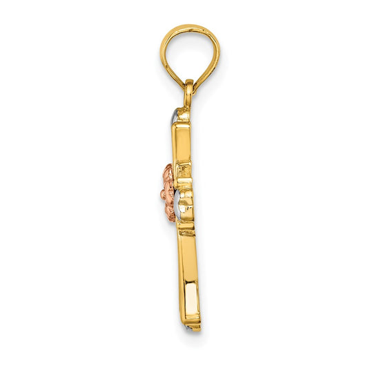 14K Two-tone and White Rhodium Cross with Flower and Hearts Charm