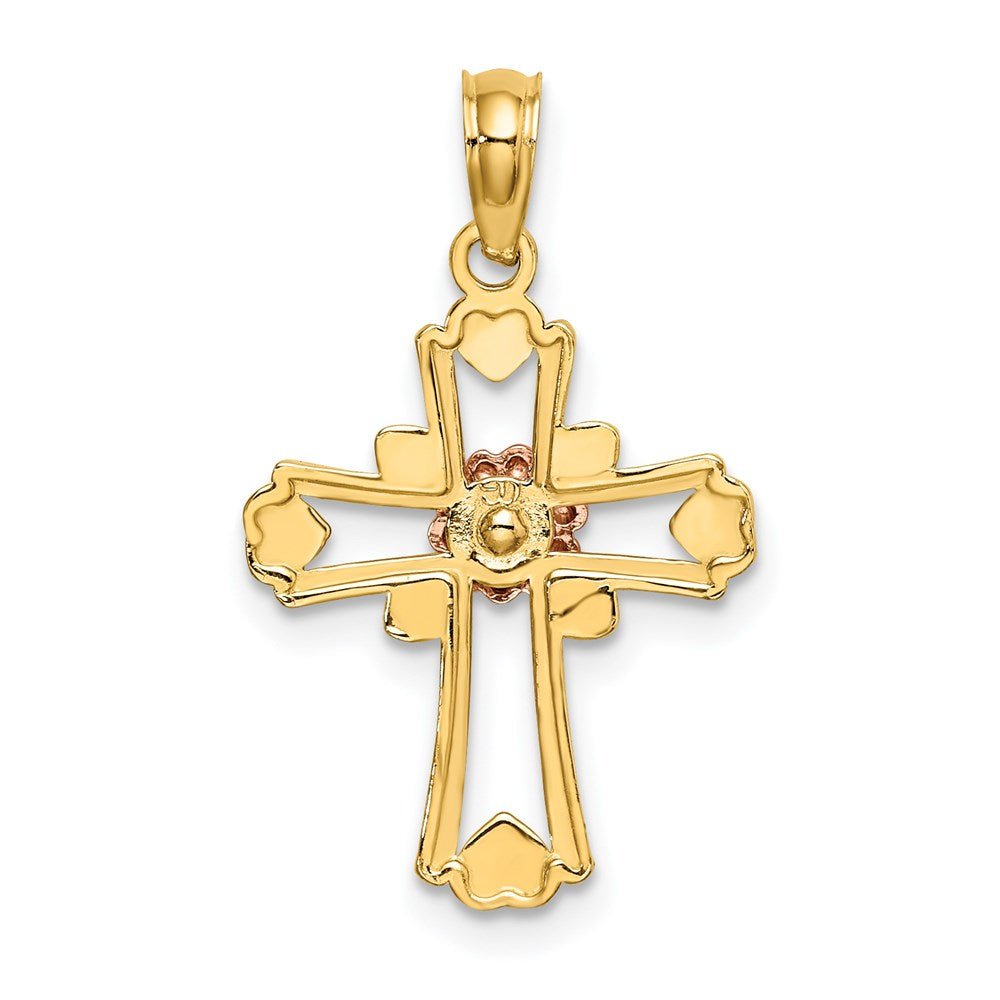 14K Two-tone and White Rhodium Cross with Flower and Hearts Charm