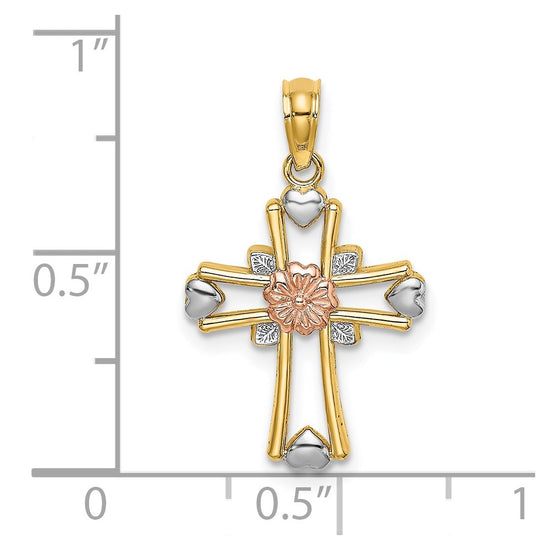 14K Two-tone and White Rhodium Cross with Flower and Hearts Charm